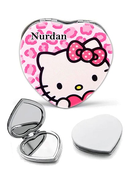 Kişiye Özel İsimli Hello Kitty Baskılı Kalp Deri Ayna Çanta, Cep ve Makyaj Aynası