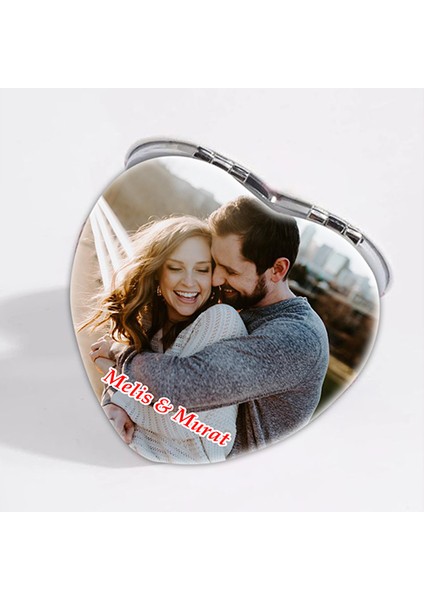 Kişiye Özel İsimli Fotoğraf Baskılı Kalp Deri Ayna Çanta, Cep ve Makyaj Aynası