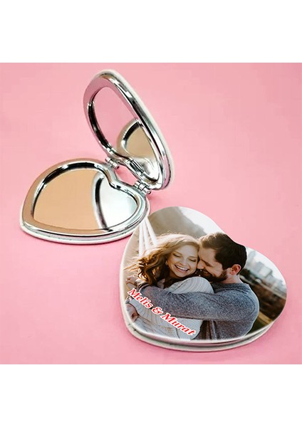 Kişiye Özel İsimli Fotoğraf Baskılı Kalp Deri Ayna Çanta, Cep ve Makyaj Aynası modelleri