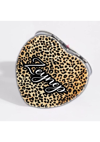 Kişiye Özel İsimli Leopar Baskılı Kalp Deri Ayna Çanta, Cep ve Makyaj Aynası
