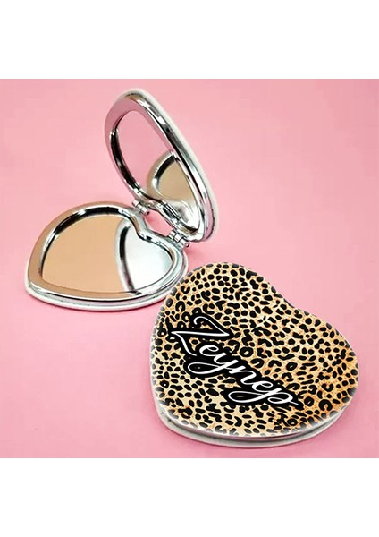 Kişiye Özel İsimli Leopar Baskılı Kalp Deri Ayna Çanta, Cep ve Makyaj Aynası fiyatları