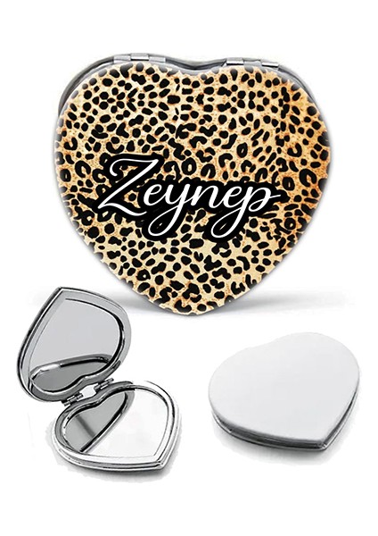 Kişiye Özel İsimli Leopar Baskılı Kalp Deri Ayna Çanta, Cep ve Makyaj Aynası modelleri