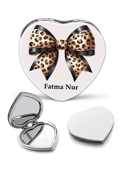 Kişiye Özel İsimli Leoparlı Kurdele Baskılı Kalp Deri Ayna Çanta, Cep ve Makyaj Aynası