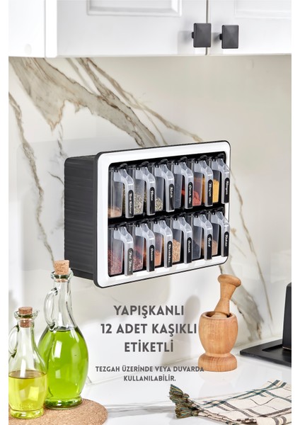 Standplus 12'li Baharatlık Yapışkanlı - Kaşıklı - Standlı Baharatlık Seti (Etiket Hediyeli)