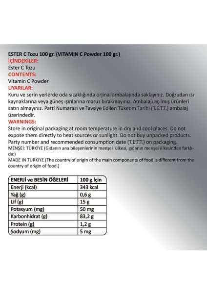 Ester C Toz Ekstresi 100 Gr. Cam Kavanoz
