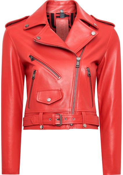 Newage Kadın Kırmızı Slim-Fit Biker Deri Ceket 25SGD5983U5
