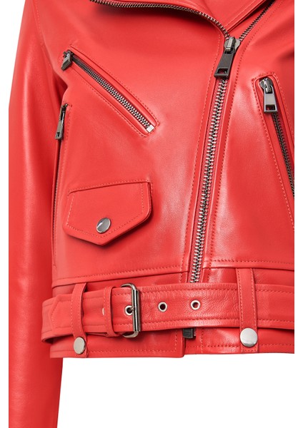 Newage Kadın Kırmızı Slim-Fit Biker Deri Ceket 25SGD5983U5