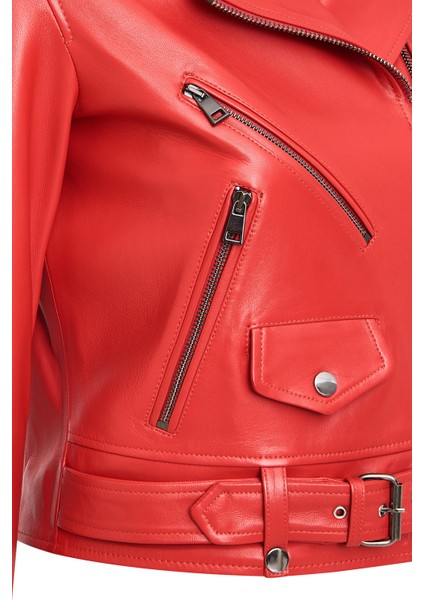Newage Kadın Kırmızı Slim-Fit Biker Deri Ceket 25SGD5983U5