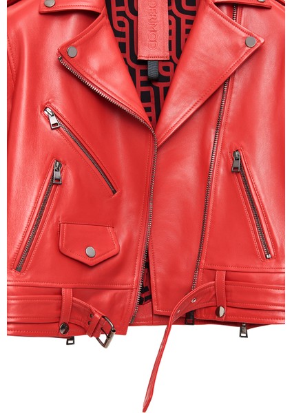 Newage Kadın Kırmızı Slim-Fit Biker Deri Ceket 25SGD5983U5