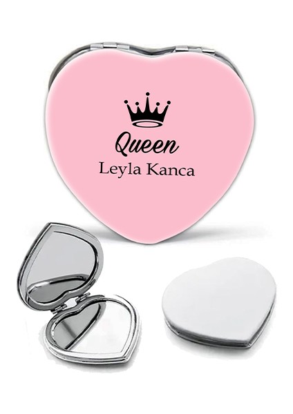 Kişiye Özel İsimli Queen Baskılı Kalp Deri Ayna Çanta, Cep ve Makyaj Aynası