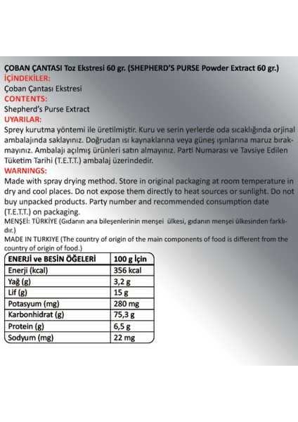 Çoban Çantası Toz Ekstresi (Capsella bursa-pastoris) 60 gr. Cam Kavanoz