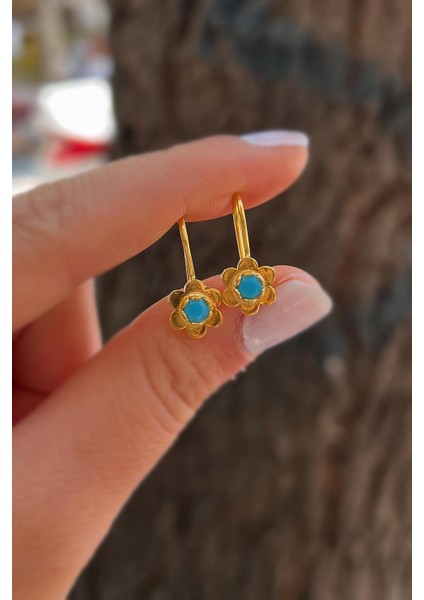 Gümüş Mavi Taşlı Çiçek Model Çocuk Küpe