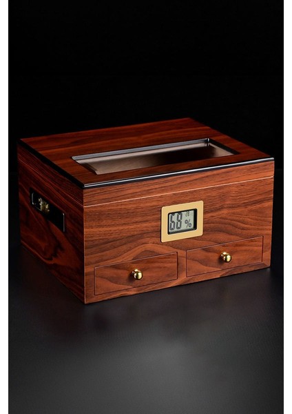 Sedir Ağacı Camlı Çekmeceli Humidor Puro Kutusu RC56