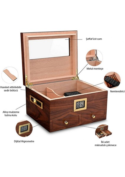 Sedir Ağacı Camlı Çekmeceli Humidor Puro Kutusu RC56
