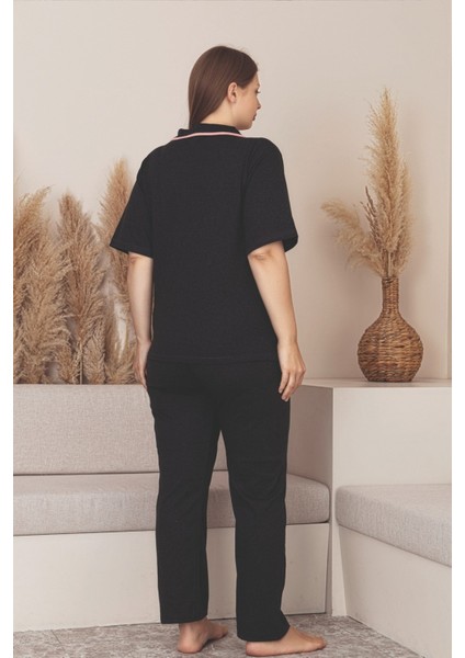 Büyük Beden Pamuklu Biyeli Düğmeli Kısa Kollu Gömlek Pijama Takımı modelleri