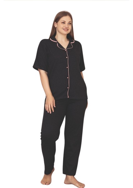 Büyük Beden Pamuklu Biyeli Düğmeli Kısa Kollu Gömlek Pijama Takımı indirimleri