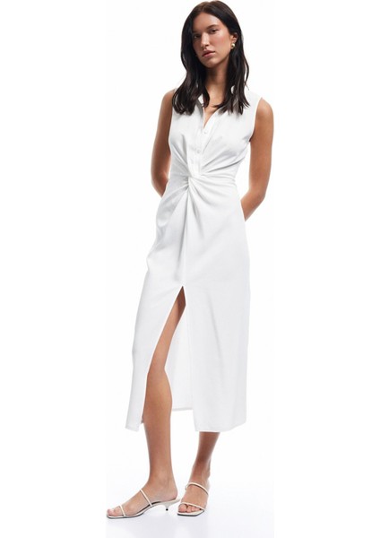 x Sima Tarkan - Drape Detaylı Kolsuz Uzun Gömlek Elbise 5SAK80320PW