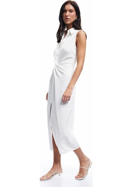 x Sima Tarkan - Drape Detaylı Kolsuz Uzun Gömlek Elbise 5SAK80320PW