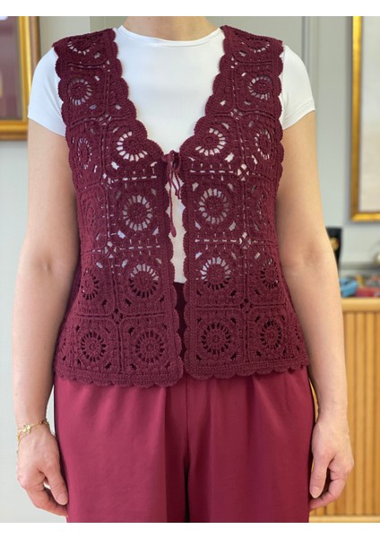 Hatunatila Çiçek Desenli Akrilik Süzine Yelek Bordo