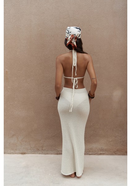 Pangestu Üçgen Bej Crop Etek Triko Takım