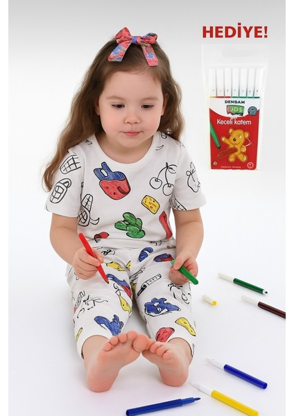Özel Kalemli Boyanabilir Kısa Kollu Çocuk Pijama Takımı 012X
