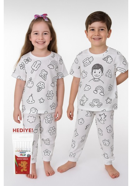 Özel Kalemli Boyanabilir Kısa Kollu Çocuk Pijama Takımı 012X