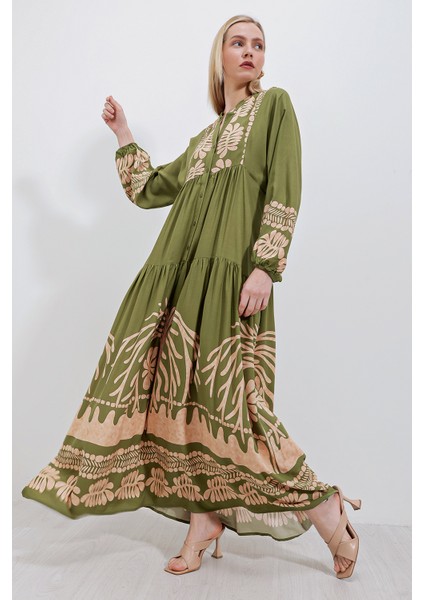 2423 Otantik Desenli Tesettür Elbise - Haki fiyatları