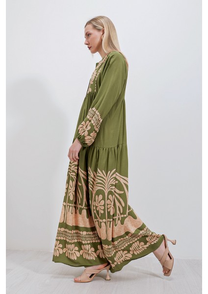 2423 Otantik Desenli Tesettür Elbise - Haki modelleri