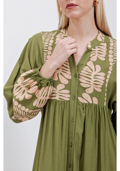 2423 Otantik Desenli Tesettür Elbise - Haki fırsatları