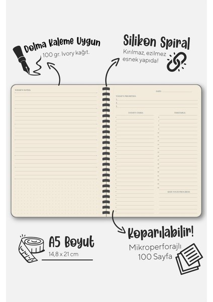Sylcon Spiralli Defter Focus . PP.100 Gr. Ivory,a5 Siyah