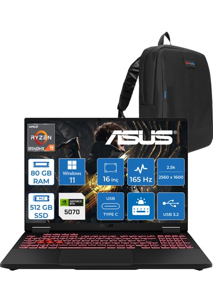 Tuf Gaming A16 FA608PP Amd Ryzen 9 8940HX Aı 80GB Ddr5 512GB SSD 8GB/RTX5070 115W 165Hz 16"wqxga 2.5k 400NITS IPS Windows 11 Home Gaming Bilg. WQT060H22+ZETTAÇANTA