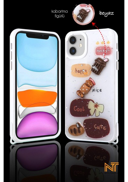 Apple Iphone 11 Uyumlu Kabartmalı Figürlü Trend Simli Şık Kapak Kılıf