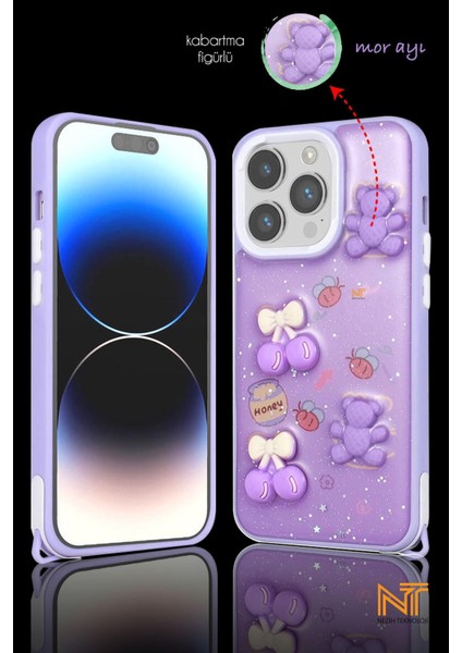 Apple Iphone 15 Pro Uyumlu Kabartmalı Figürlü Trend Simli Şık Kapak Kılıf