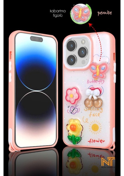 Apple Iphone 14 Pro Max Uyumlu Kabartmalı Figürlü Trend Simli Şık Kapak Kılıf