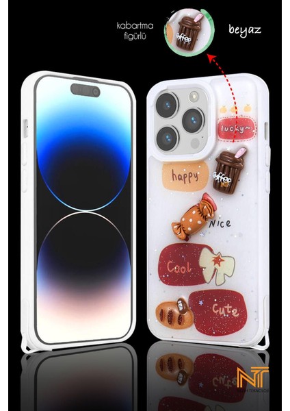 Apple Iphone 15 Pro Uyumlu Kabartmalı Figürlü Trend Simli Şık Kapak Kılıf