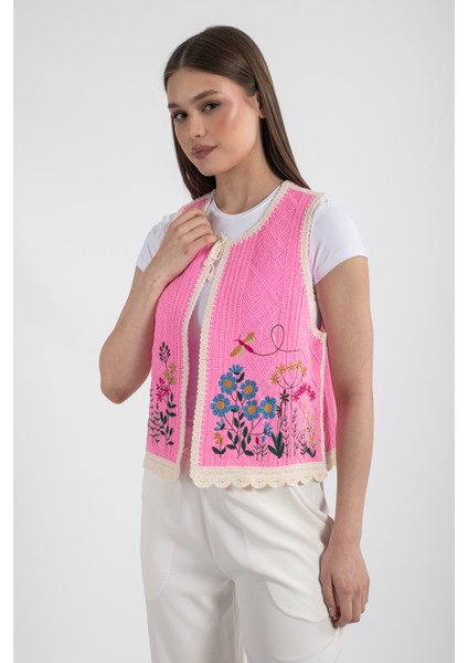 Hatunatila Desenli Süzine Örgü Triko Yelek Pembe - 5136