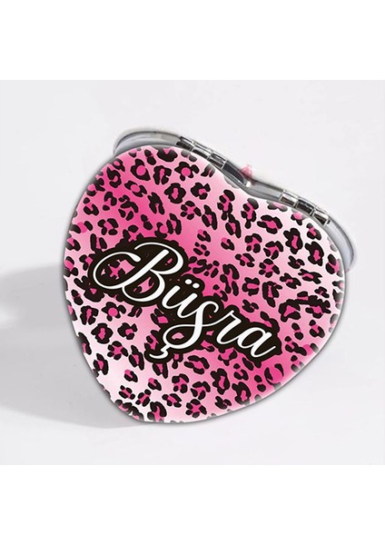 Kişiye Özel İsimli Pembe Leopar Baskılı Kalp Deri Ayna Çanta, Cep ve Makyaj Aynası