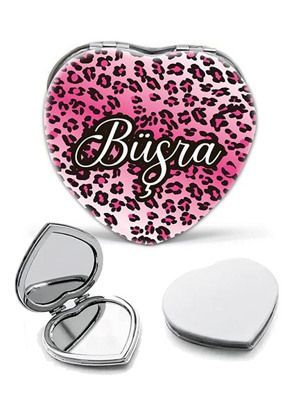 Kişiye Özel İsimli Pembe Leopar Baskılı Kalp Deri Ayna Çanta, Cep ve Makyaj Aynası fiyatları