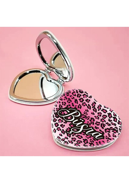Kişiye Özel İsimli Pembe Leopar Baskılı Kalp Deri Ayna Çanta, Cep ve Makyaj Aynası modelleri