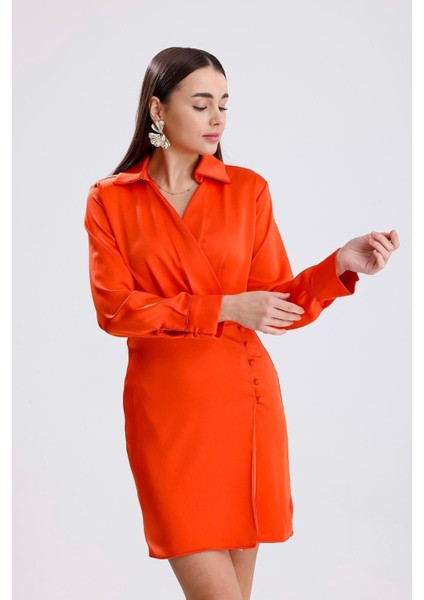 Kruvaze Yaka Önü Düğmeli Elbise Saten - Turuncu fiyatları