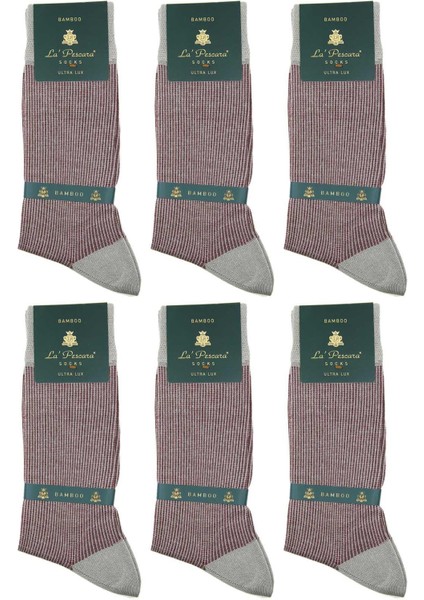 Bej - Bordo Çizgi Desen 6'lı Ultra Lüks Bambu Erkek Çorap CRP305