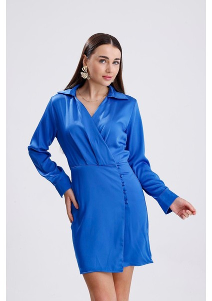 Kruvaze Yaka Önü Düğmeli Elbise Saten - Saksmavisi fiyatları