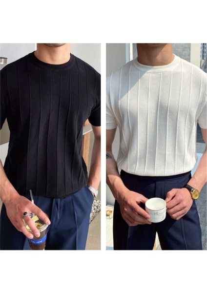 Siyah-Beyaz 2'li Erkek Yuvarlak Yaka Örme T-Shirt