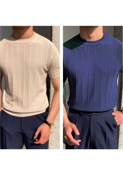 Vizon-Lacivert 2'li Erkek Yuvarlak Yaka Örme T-Shirt