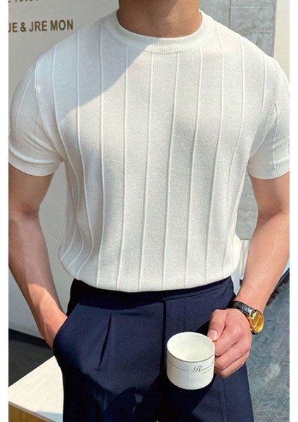 Beyaz Erkek Yuvarlak Yaka Örme T-Shirt