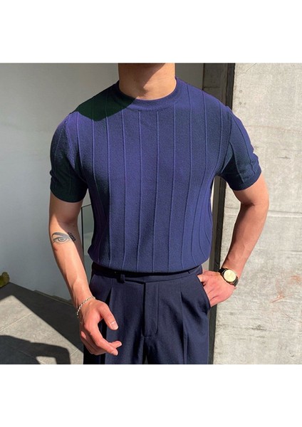 Vizon-Lacivert 2'li Erkek Yuvarlak Yaka Örme T-Shirt modelleri