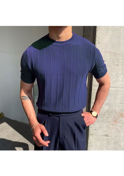 Lacivert Erkek Yuvarlak Yaka Örme T-Shirt