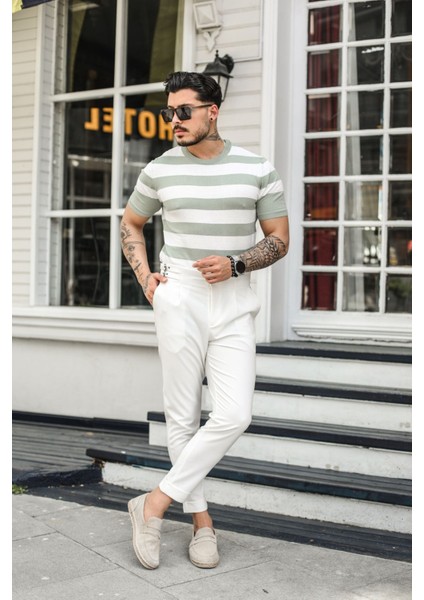 Erkek Beyaz-Su Yeşili Normal Kalıp Triko T-Shirt modelleri