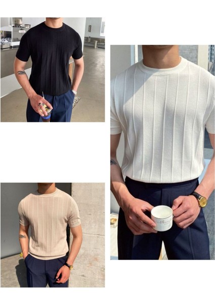 Beyaz-Siyah-Vizon 3'lü Erkek Yuvarlak Yaka Örme T-Shirt