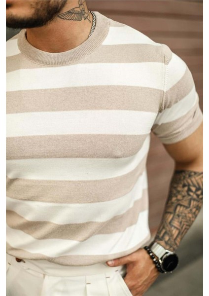 Erkek Beyaz-Vizon Normal Kalıp Triko T-Shirt fiyatları